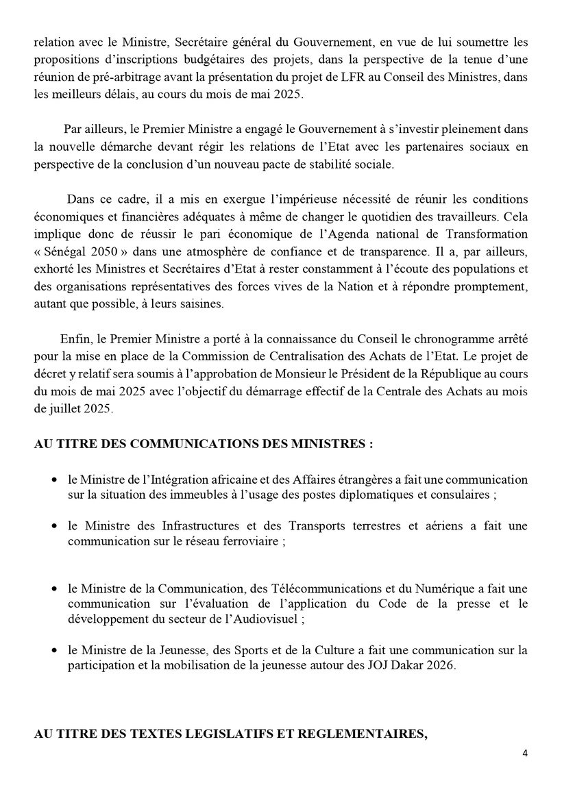 Sénégal : Communiqué du Conseil des ministres du mercredi 30 avril 2025