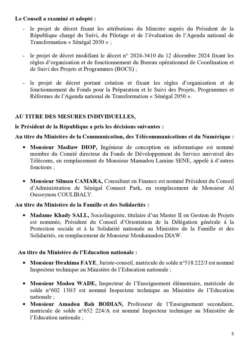 Sénégal : Communiqué du Conseil des ministres du mercredi 30 avril 2025