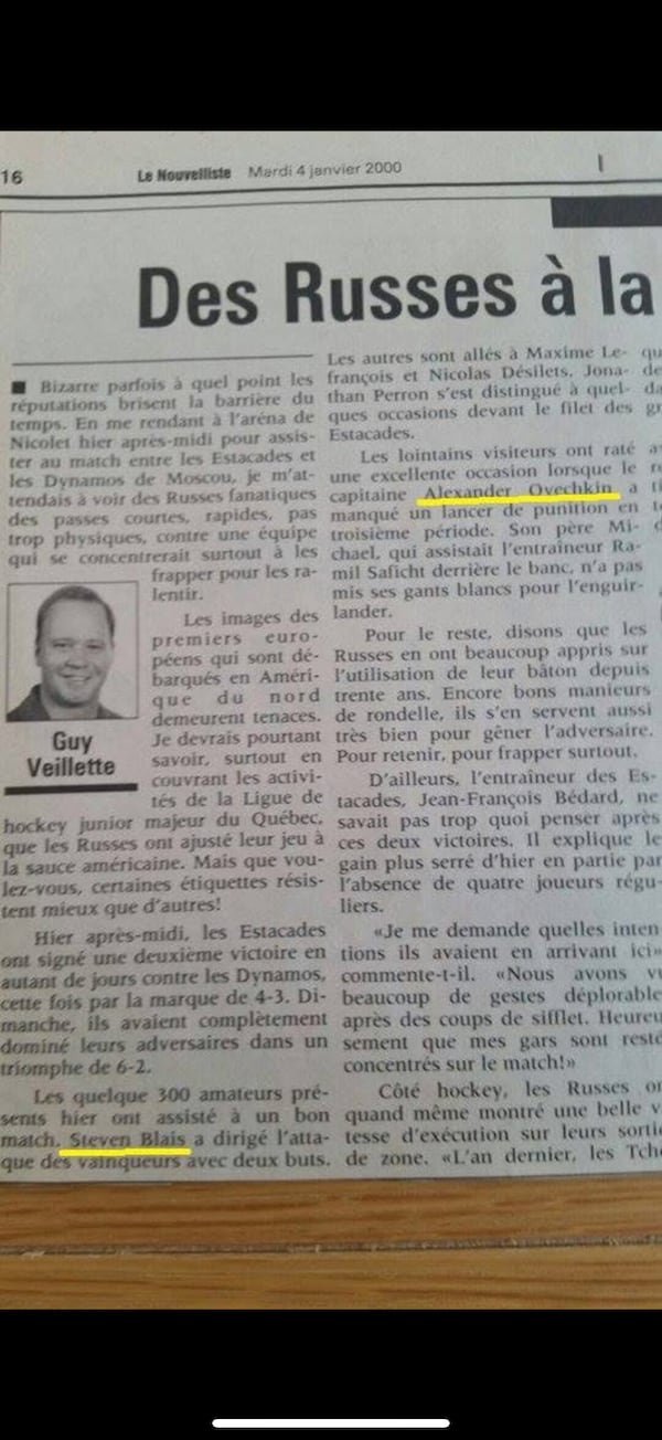 La découpure de l'article du <em>Nouvelliste</em> à propos de la visite du Dynamo de Moscou en 2000.
