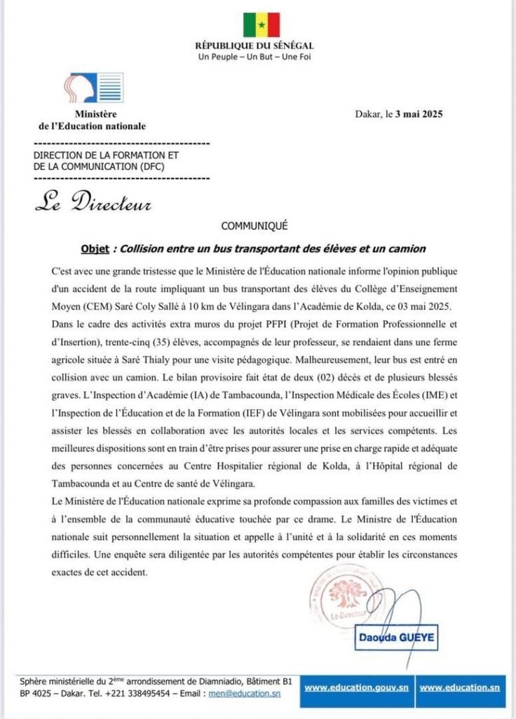 Collision mortelle entre un bus scalaire et un camion: le ministère de l’Education nationale réagit