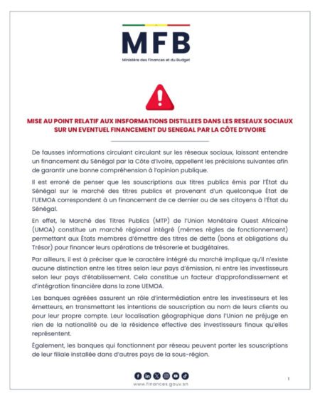 Supposé financement par la Côte d’Ivoire : Le démenti formel du ministère des Finances