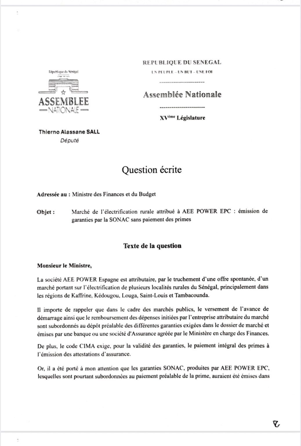 Affaire ASER-AEE Power EPC : Thierno Alassane Sall adresse une question écrite au ministre des Finances