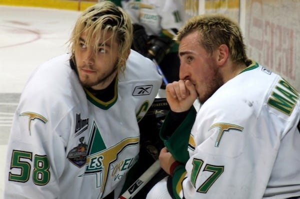 Brad Marchand (Ã droite) et Kristopher Letang chez les Foreurs de Val-d'Or en 2007.